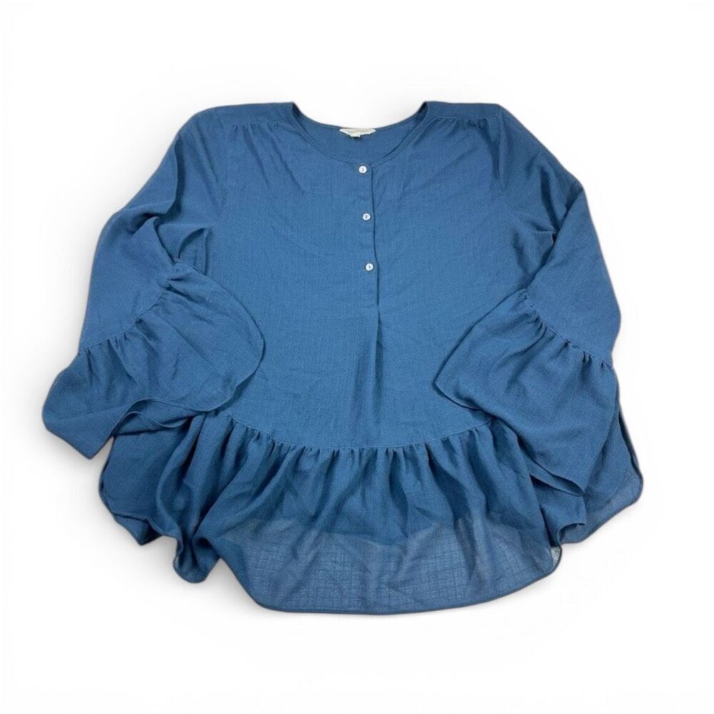 Max Studio Henley Peplum Blouse Blue Ruffled Casual Workwear Relaxed Fit Shirt L